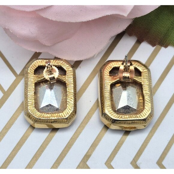 Gold Tone & Purple Crystal Rectangle Statement Stud Earrings Prom Formal Event - Picture 5 of 6